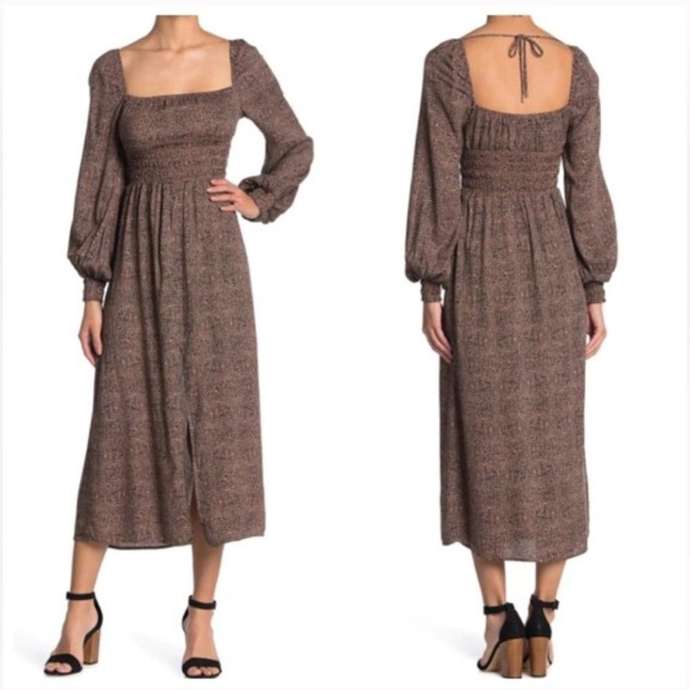 AFRM Micro Leopard Print Long Sleeve Midi Dress